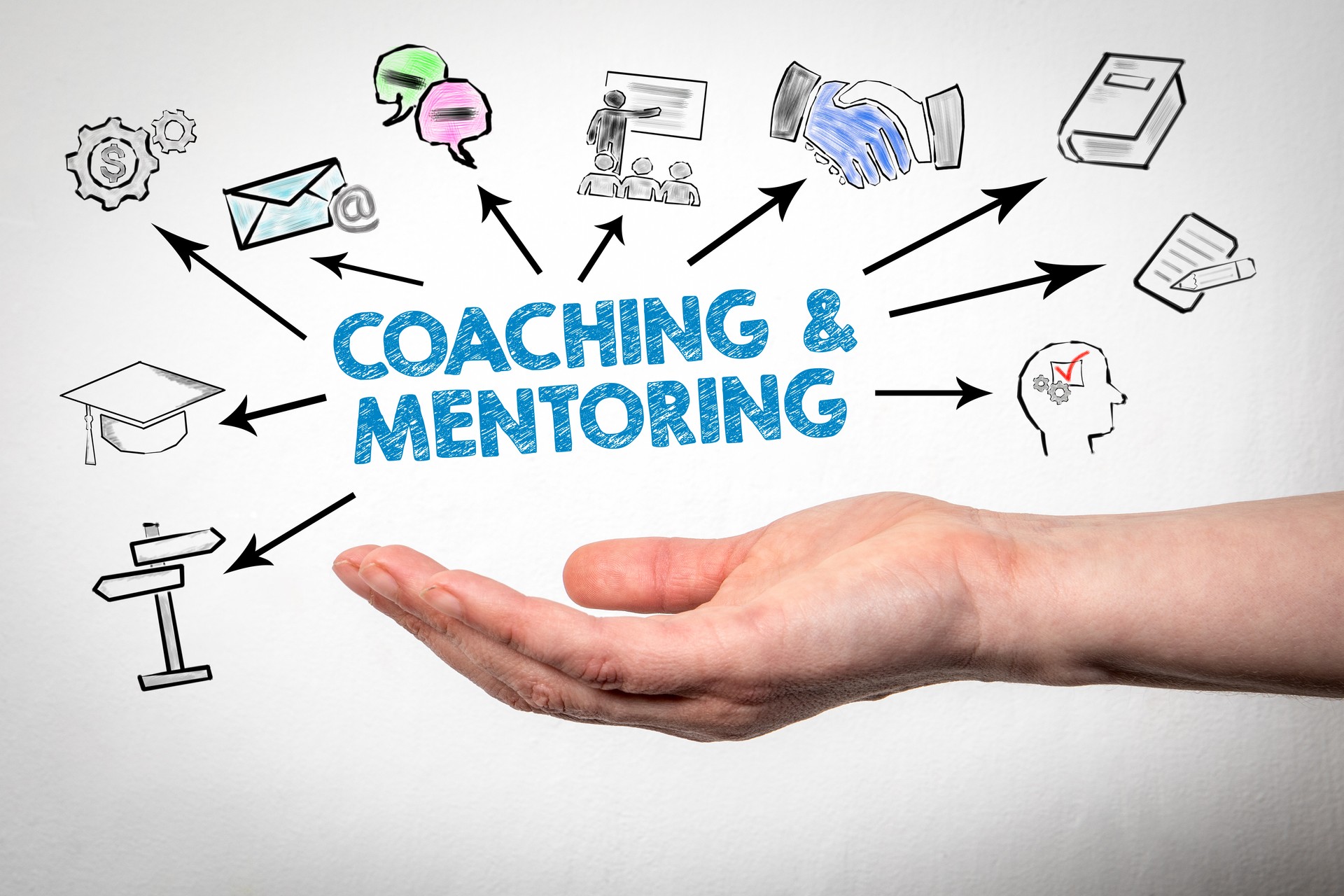 Coaching and Mentoring. Icons and arrows in a woman's hand on a white background